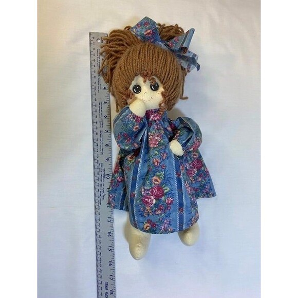 Doll Rag Vintage Handmade Cloth Soft Sculpture Blue Dress Yarn Hair button eyes - Picture 4 of 9